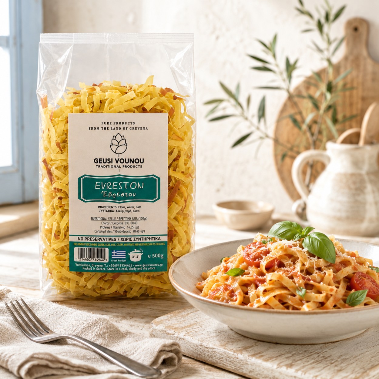 Řecké těstoviny Evreston Geusi Vounou 500 g s rajčatovou omáčkou, sýrem a bazalkou v rustikální kuchyni.